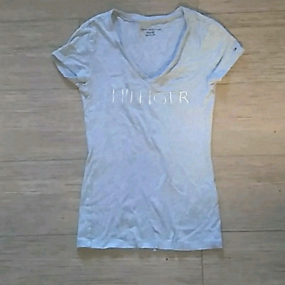 Gray Tommy Hilfiger shirt, gray glitter letters